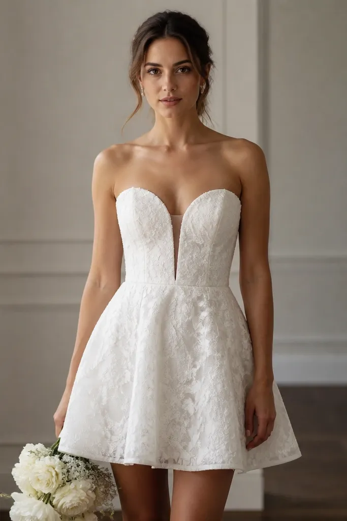 A model facing forward wearing a short wedding dress with a neckline that opens slightly at the center, showing a small gap.
