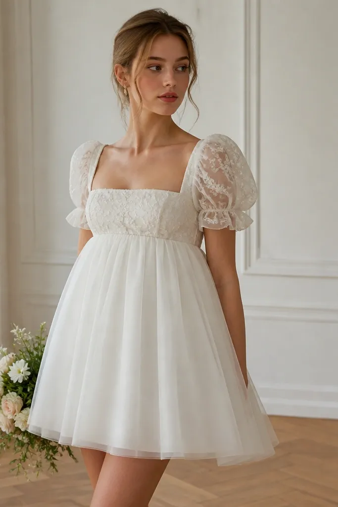 A short wedding dress with an empire waist; the waistband sits very high and visually shortens the torso.