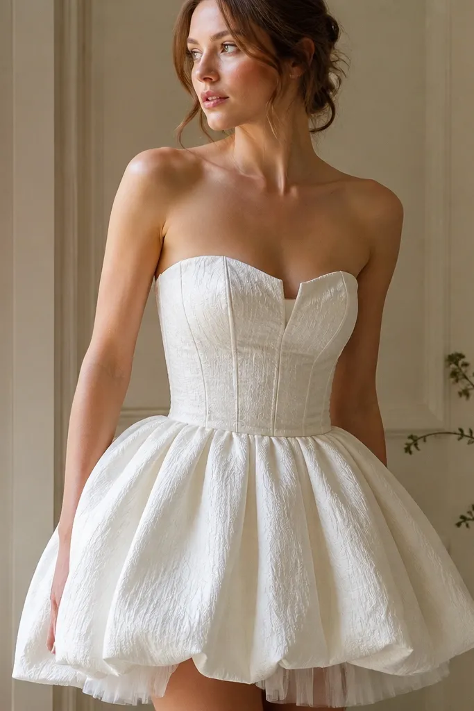 A short wedding dress bodice with visible paneling; the center looks slightly uneven and not fully supported.