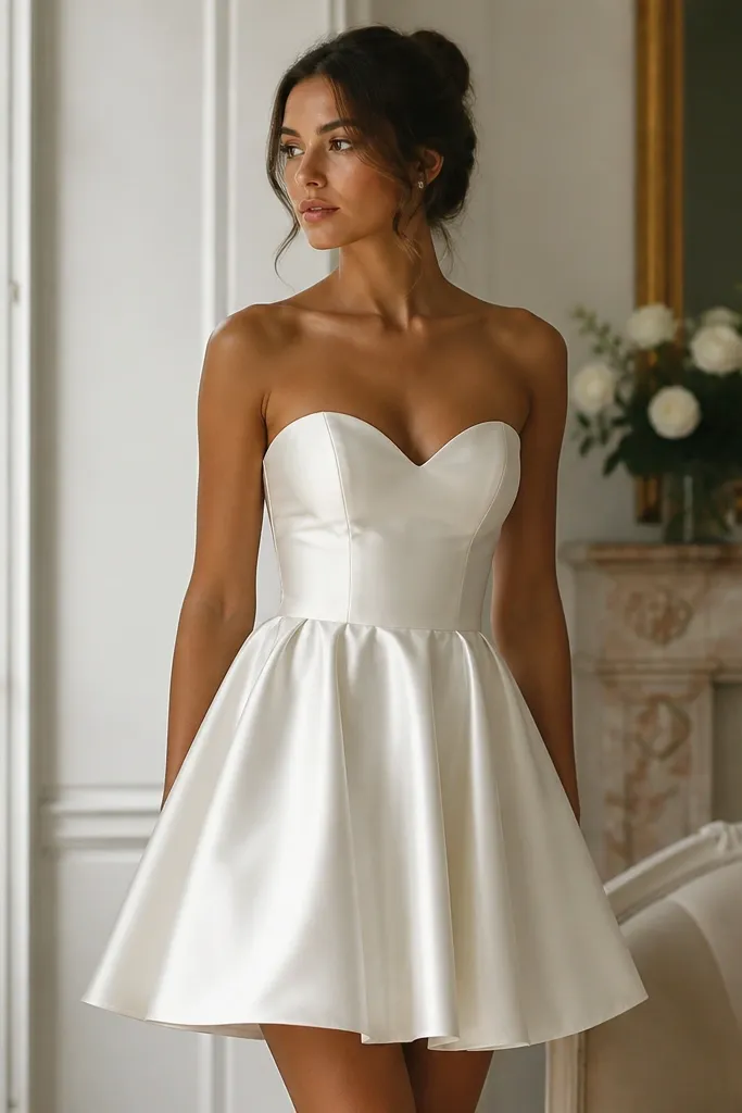A short bridal dress in warm ivory satin with a sweetheart neckline, fitted bodice, and a gently flared skirt that ends above the knee; soft sheen catches light along the seams.