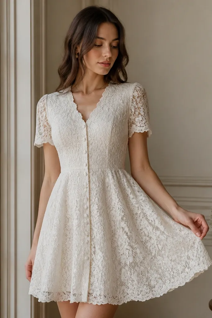 An ivory lace overlay short dress with a fitted waist and flared skirt; visible lace texture, delicate sleeves, and a row of covered buttons down the front.