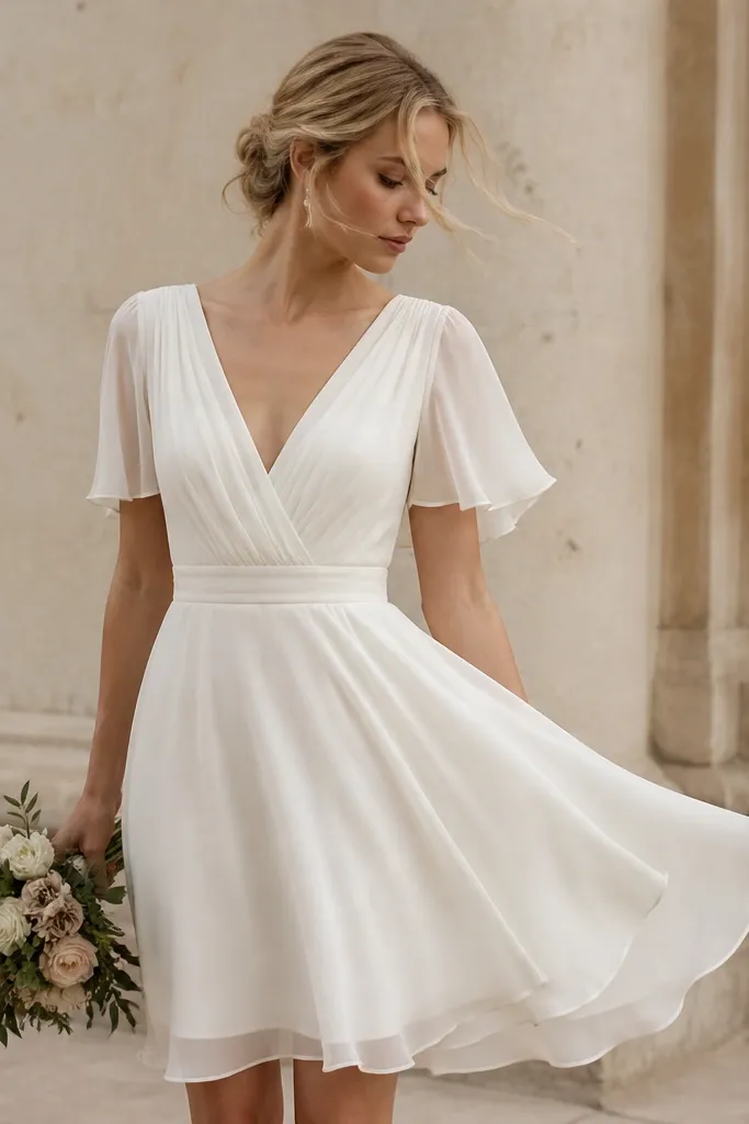 A short ivory chiffon wedding dress with an A-line silhouette, airy flutter sleeves, and a soft draped skirt that looks light and moveable.