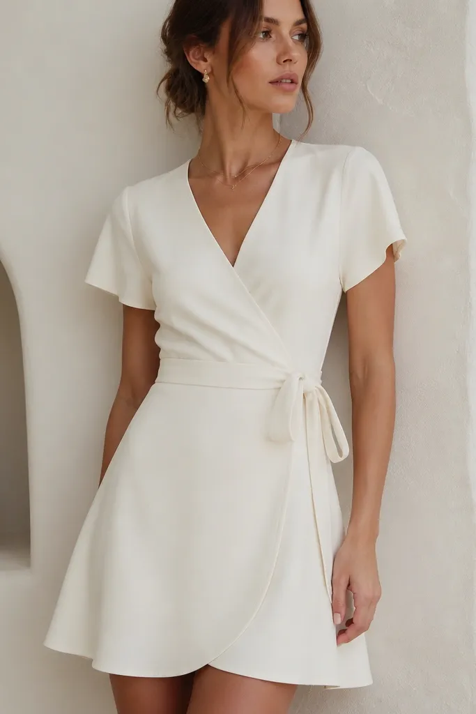A short ivory crepe dress with a wrap-style front and a tie belt at the waist; clean lines, minimal seams, and a slightly flared skirt that falls above the knee.