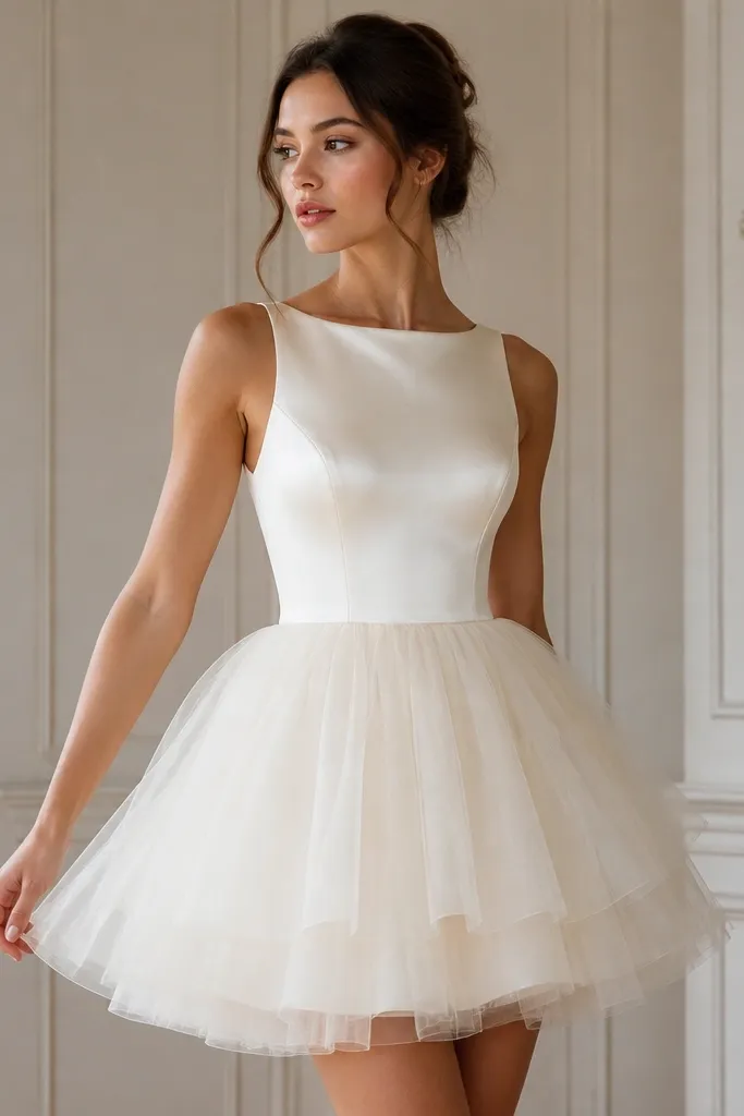 An ivory dress featuring a smooth satin bodice and a layered tulle skirt; the skirt has visible airy volume and ends above the knee.