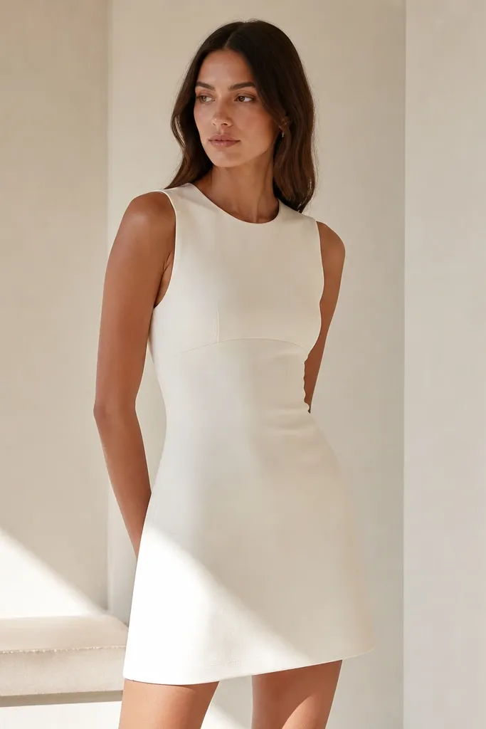 A short white or ivory scuba fabric dress with a structured, stretchy look; clean seams, a modest neckline, and a straight-to-slightly-flared skirt above the knee.