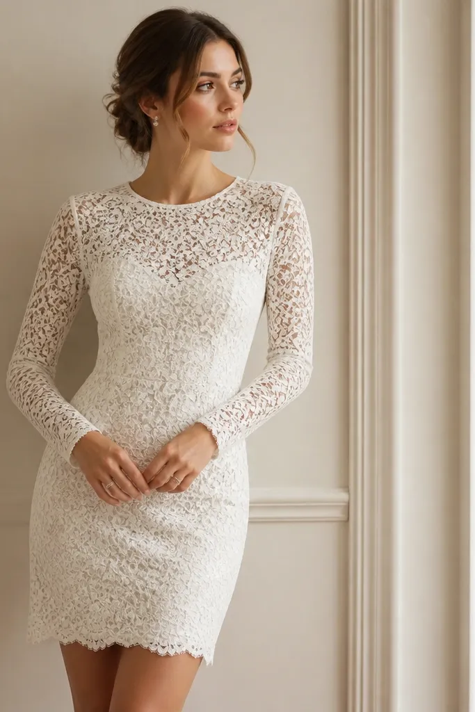 A short lace wedding dress in ivory with a crew neckline, long sleeves, and a fitted silhouette ending above the knee; lace pattern is uniform and delicate.