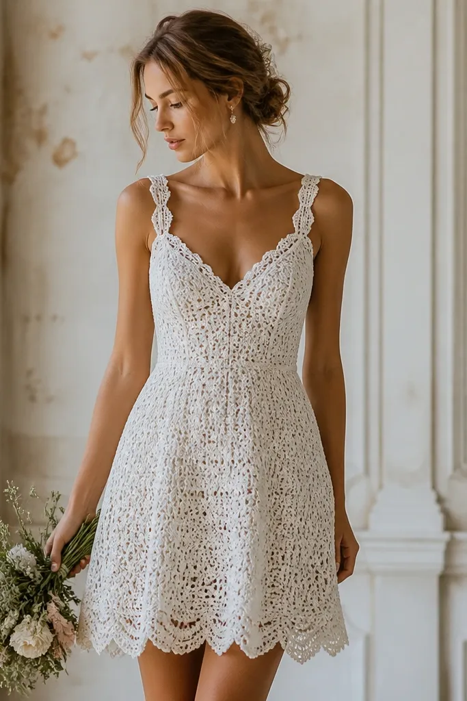 A short ivory crochet wedding dress with visible open-knit texture; scalloped edges at the neckline and hem and a relaxed, slightly A-line skirt above the knee.