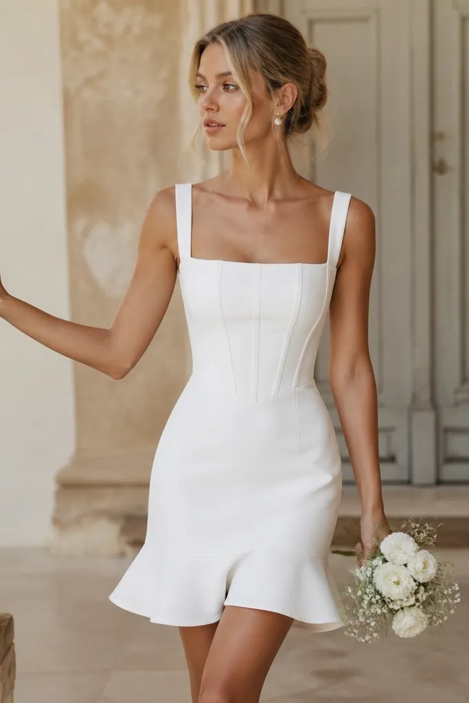 A square-neck short wedding mini in crisp fabric, with visible corset-like panel seams at the waist and a fitted skirt that flares slightly at the hem.