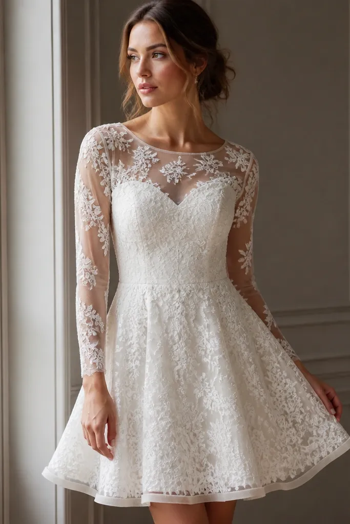 A short fit-and-flare dress covered in delicate embroidered lace, featuring illusion mesh sleeves and a modest illusion neckline, with a slightly flared skirt.