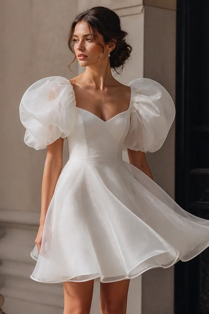 A short organza wedding dress with dramatic puff sleeves, a fitted bodice, and a soft A-line skirt that floats slightly at the hem.