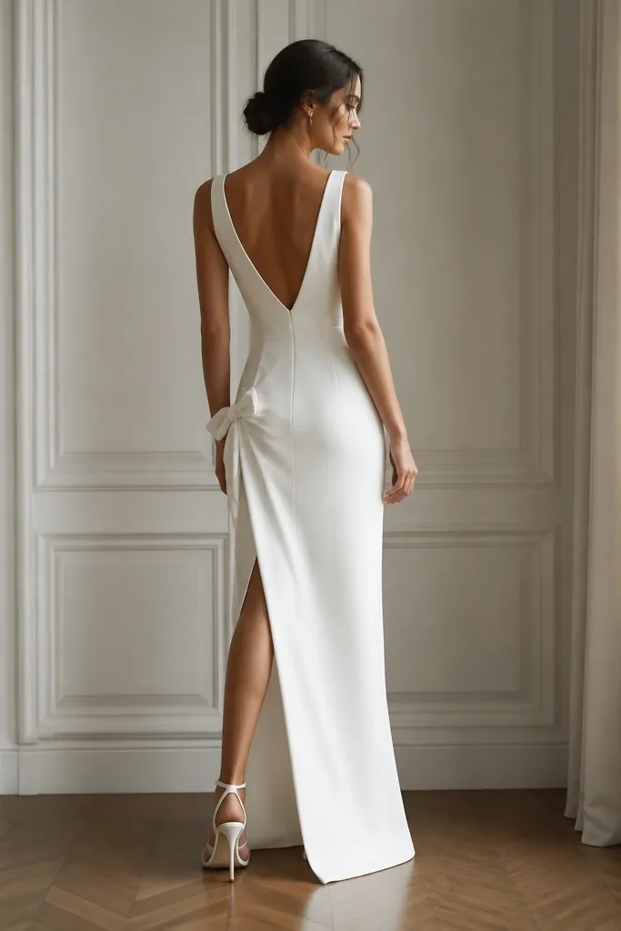 A short column wedding dress in matte crepe with a tasteful side slit, a V-back, and a small bow accent at the hip.
