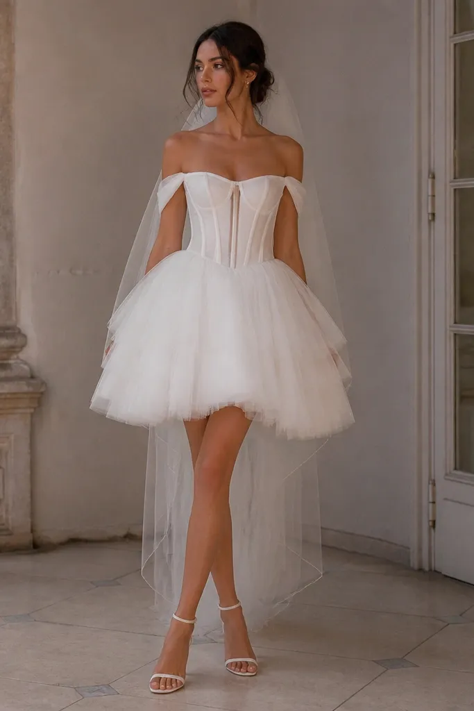 A short off-shoulder wedding dress with a structured corset-like bodice and a layered tulle skirt, styled with a veil and delicate heels.