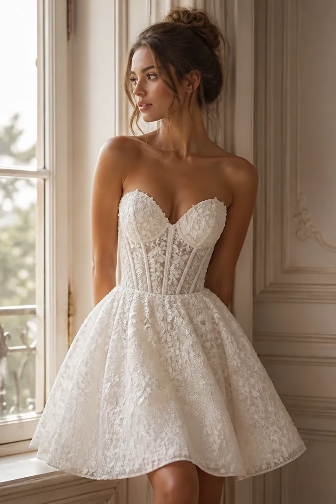 A short wedding dress with a fitted corset-style bodice, a plunging sweetheart neckline, and a gently flared skirt.