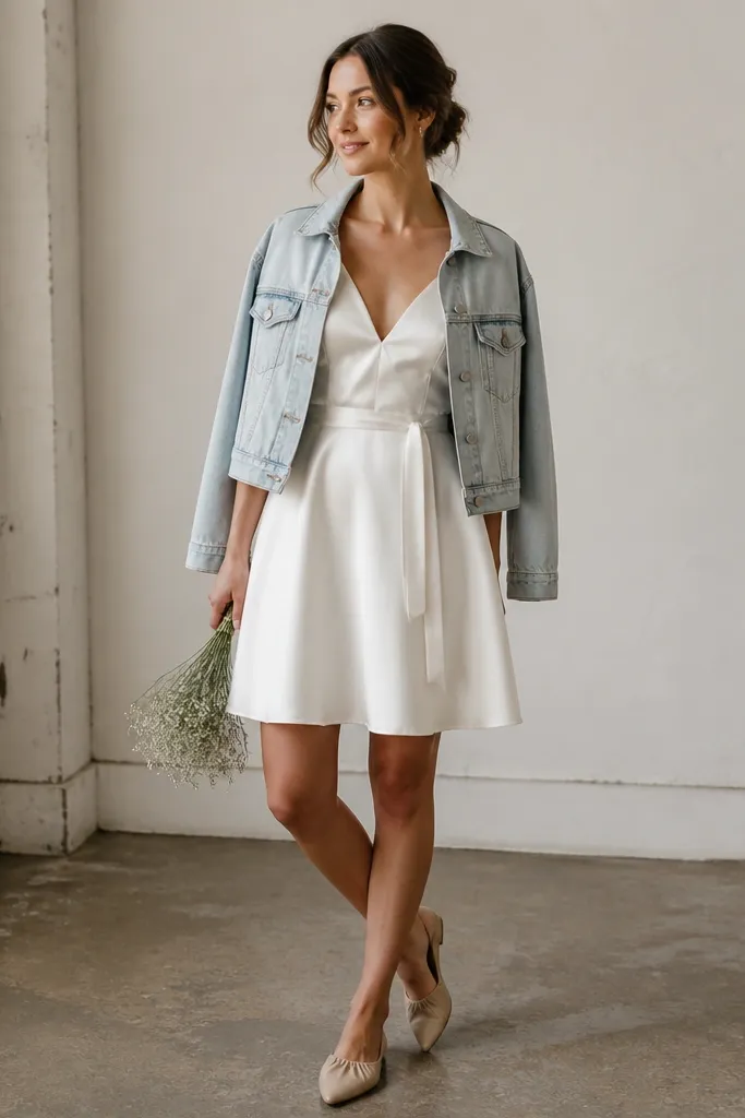 A short satin wedding dress styled with a cropped light-wash denim jacket. The jacket is open in front, showing the dress neckline and a small waist tie. Minimal jewelry and nude slip-on flats complete the look.
