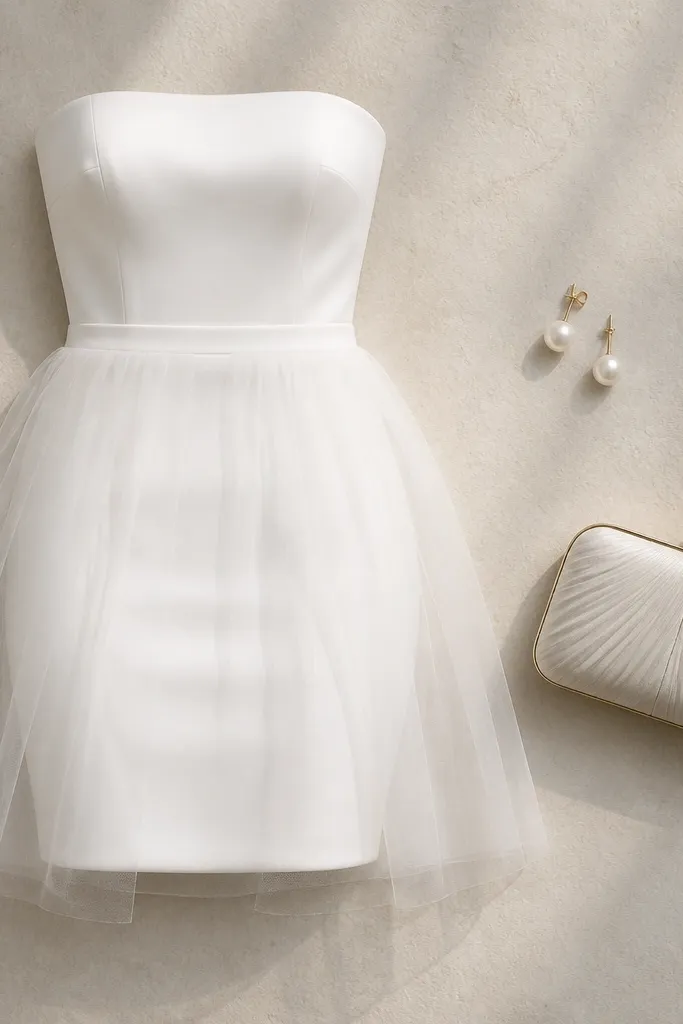 A fitted short wedding dress under a removable tulle mini skirt. The tulle skirt layers at the waist and floats slightly above the dress hem. Soft pearl studs and a small clutch sit beside the look.