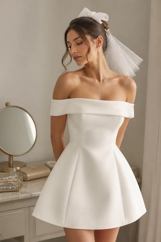 An off-shoulder short wedding dress with a small structured hair bow on top of the head. A sheer micro-veil is pinned to the side with a silver comb. The background shows a tidy vanity with small accessories.