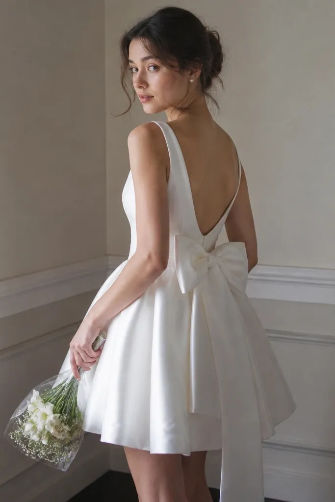 A short wedding dress with a visible bow detail at the back. The model holds a small, compact bouquet in a clear wrap (or a minimal gathered bouquet). The scene looks like a small indoor corner with soft lighting.