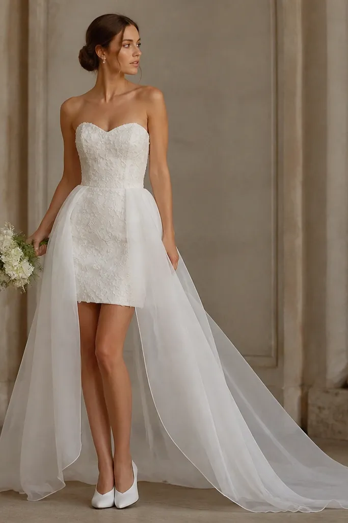 A short wedding dress with a detachable overskirt that creates a small, trailing effect behind the wearer. The overskirt is semi-sheer or lightweight fabric with a clean edge. The shoes are closed-toe low heels.