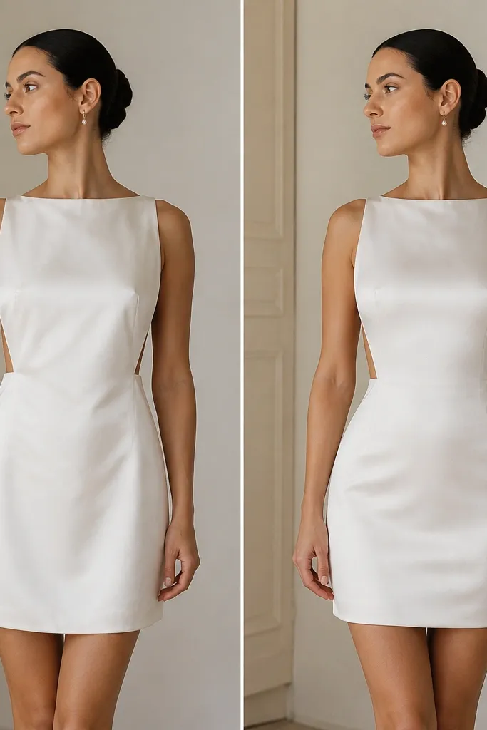 Before photo shows a plain short satin wedding dress with a straight silhouette and visible gaps at the waist. After photo shows the same dress with a structured corset lining underneath, creating defined curves and a smoother front panel.
