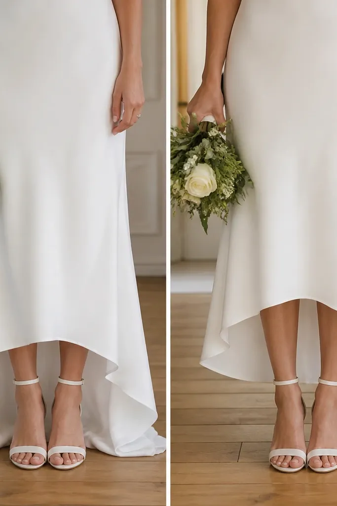 Before photo shows a short wedding dress hem that looks uneven and slightly too long, pooling at the ankles. After photo shows the same dress with a neat one-inch lift and a crisp hemline that sits higher and matches the curve of the legs.