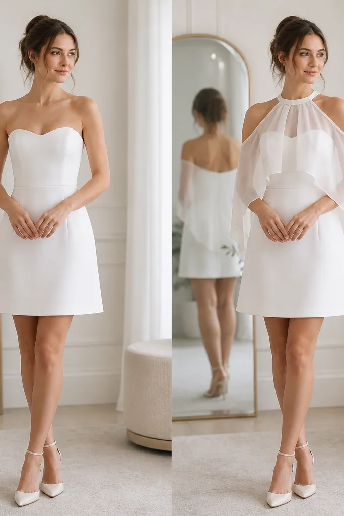Before photo shows a short sleeveless wedding dress with bare shoulders and a simple bodice. After photo shows the same dress with a flowing chiffon overlay draped from the neckline to the upper arms, adding softness and coverage while keeping the short skirt visible.