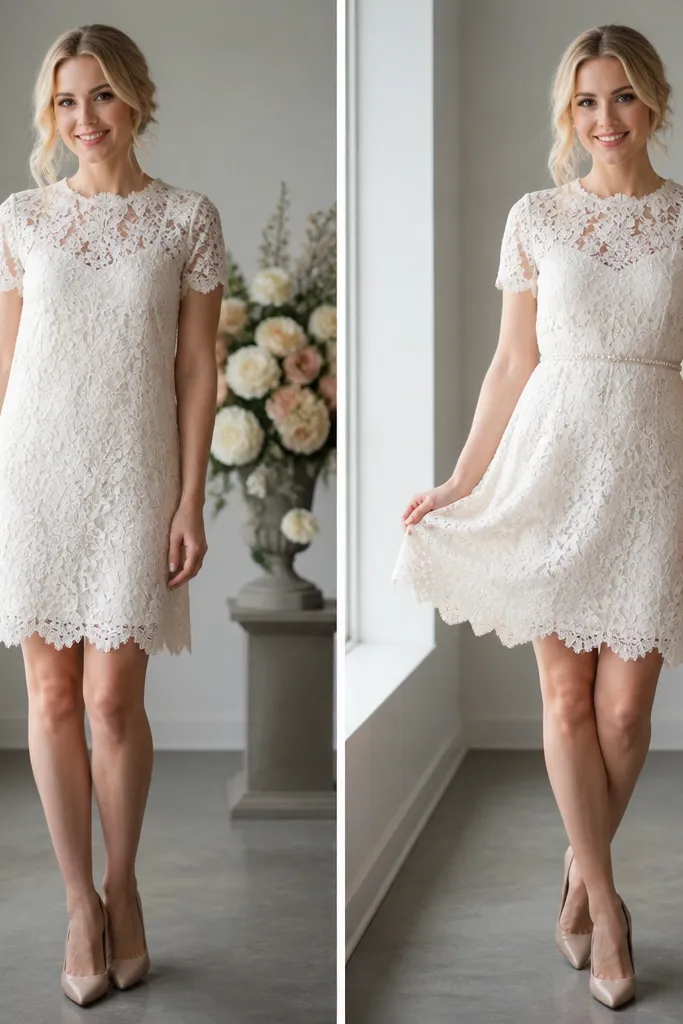Before photo shows a short lace wedding dress with no waist definition, making the torso look long. After photo shows the same dress with a pearl belt placed at the natural waist, plus a slightly lifted front skirt for a more balanced silhouette.