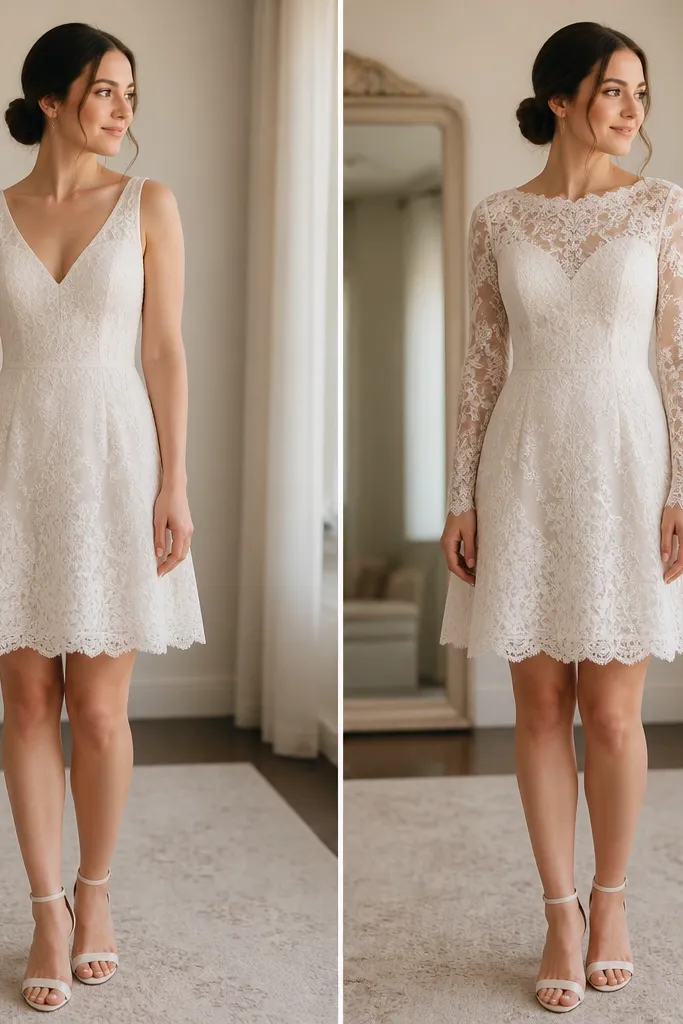 Before photo shows a short wedding dress with a simple sleeveless bodice. After photo shows the same dress with delicate lace sleeves attached at the shoulder seams, creating a more formal neckline and a cohesive lace pattern from top to hem.