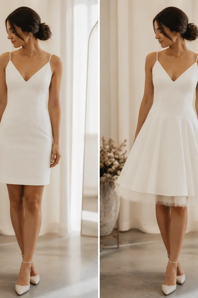 Before photo shows a short crepe wedding dress that hangs straight and slightly clings. After photo shows the same dress with a soft tulle under-skirt, creating gentle volume and a fuller skirt shape at the hem.