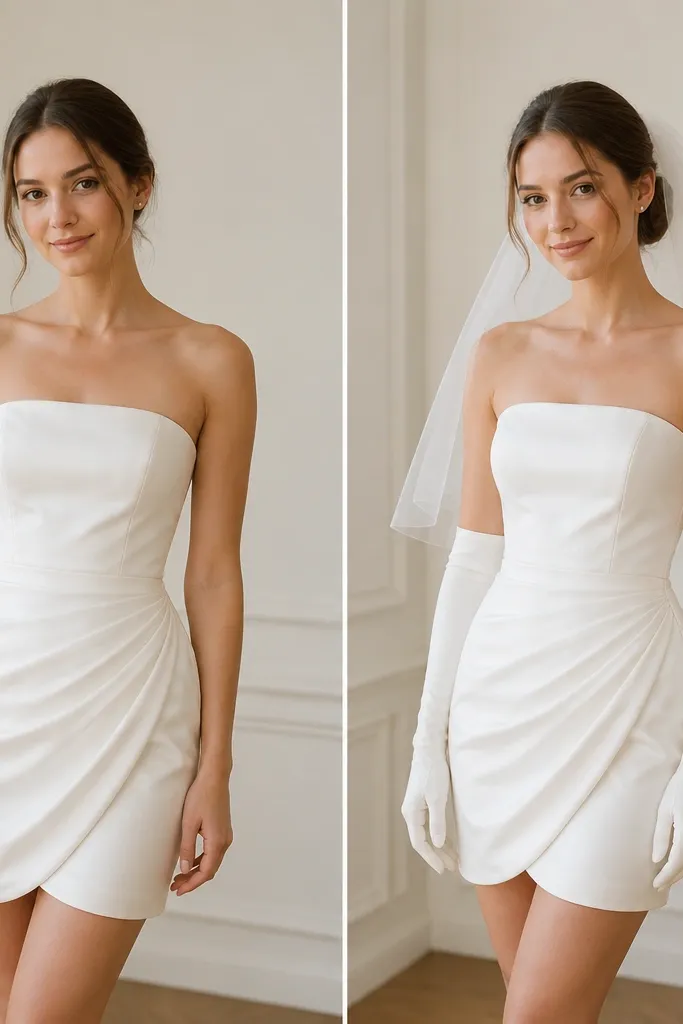 Before photo shows a short wedding dress with no accessories, hair styled simply. After photo shows the same dress with elbow-length color-matched gloves and a short veil pinned near the crown, plus a refined bun.