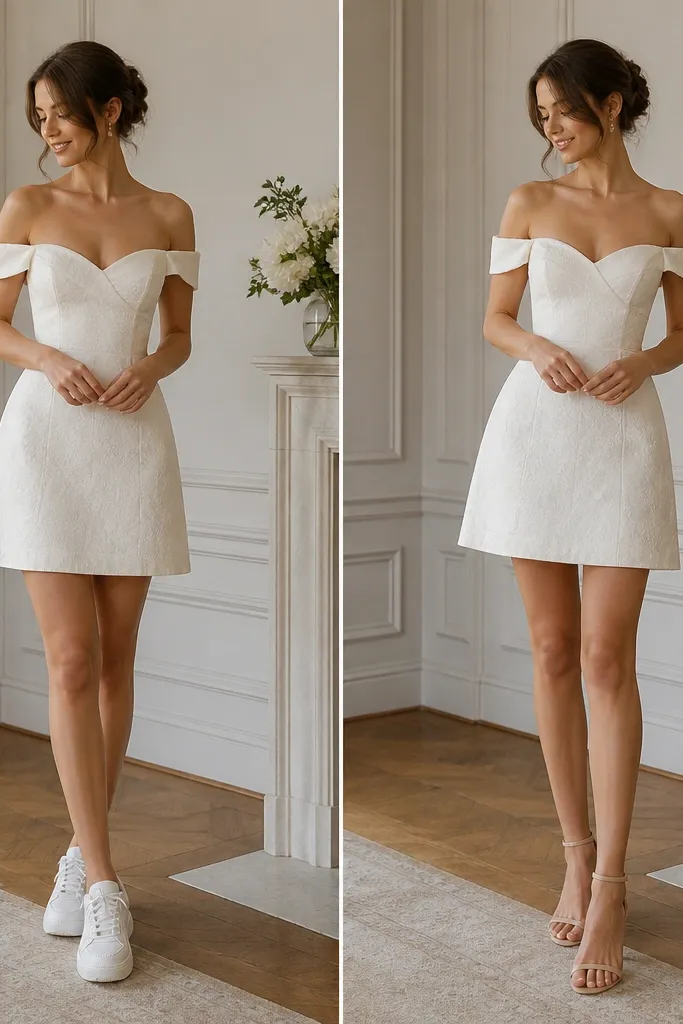 Before photo shows a short wedding dress paired with chunky white sneakers. After photo shows the same dress paired with nude strappy heels, with smoother leg lines and a more elevated overall look.