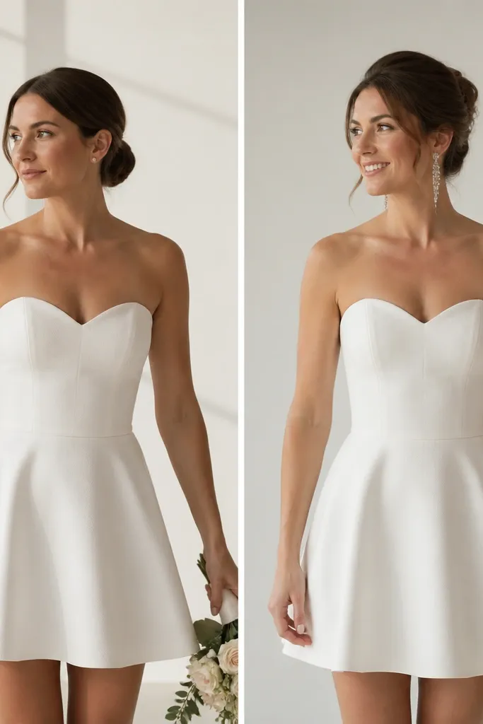 Before photo shows a short wedding dress with small earrings and hair pinned low. After photo shows the same dress with bold dangling earrings and hair styled higher at the crown, making the neckline look longer.