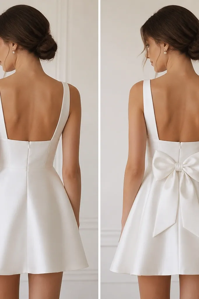 Before photo shows a short satin wedding dress with a plain back and minimal detail. After photo shows the same dress with a satin bow added at the center back, plus a slightly adjusted waist seam that lifts the skirt.