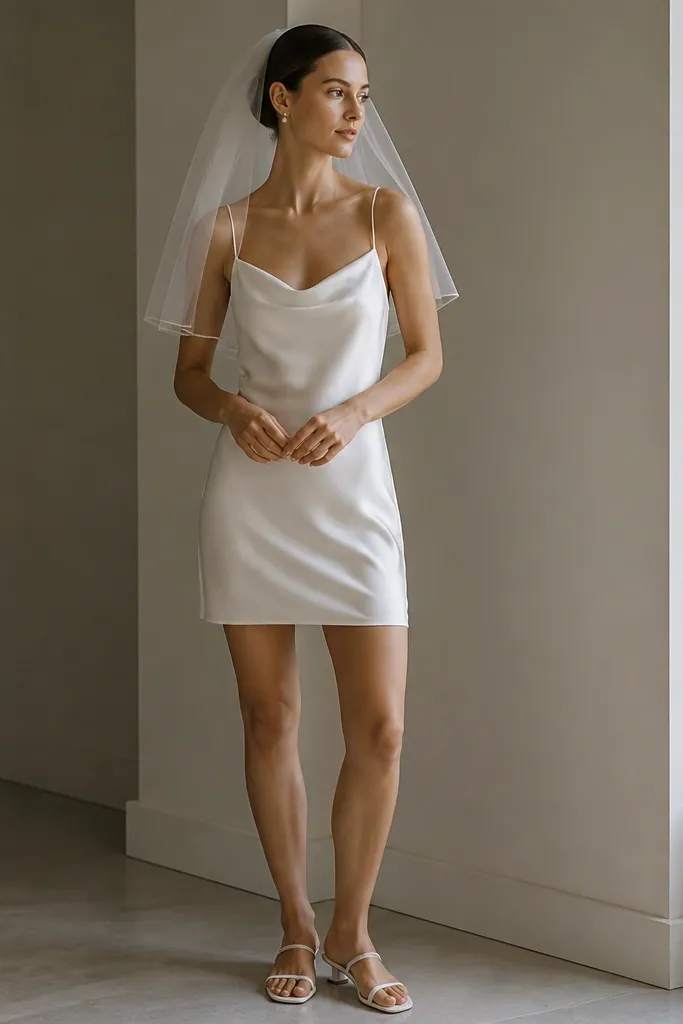 A short satin slip wedding dress with thin spaghetti straps, paired with a blusher veil that ends at the shoulders, styled with small pearl studs and a low minimalist heel.