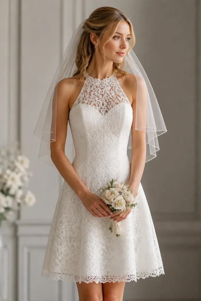 A lace short wedding dress with a fitted bodice and a slightly flared skirt, paired with an elbow-length tulle veil and a soft half-up hairstyle.