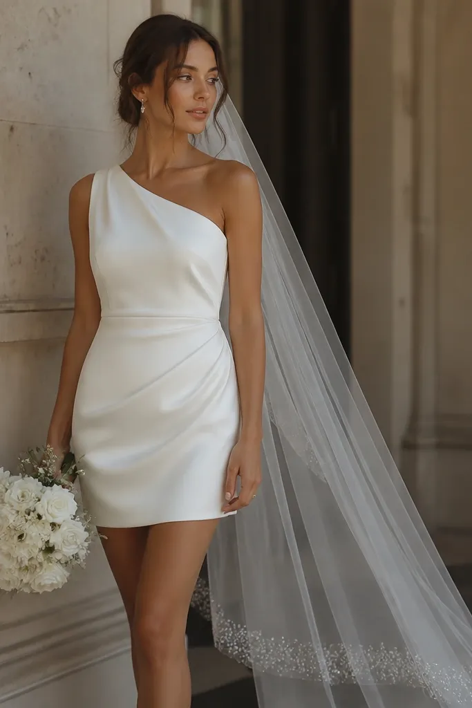 A one-shoulder short wedding dress in ivory with a soft satin finish, styled with a veil that has a delicate sparkle border near the hem.