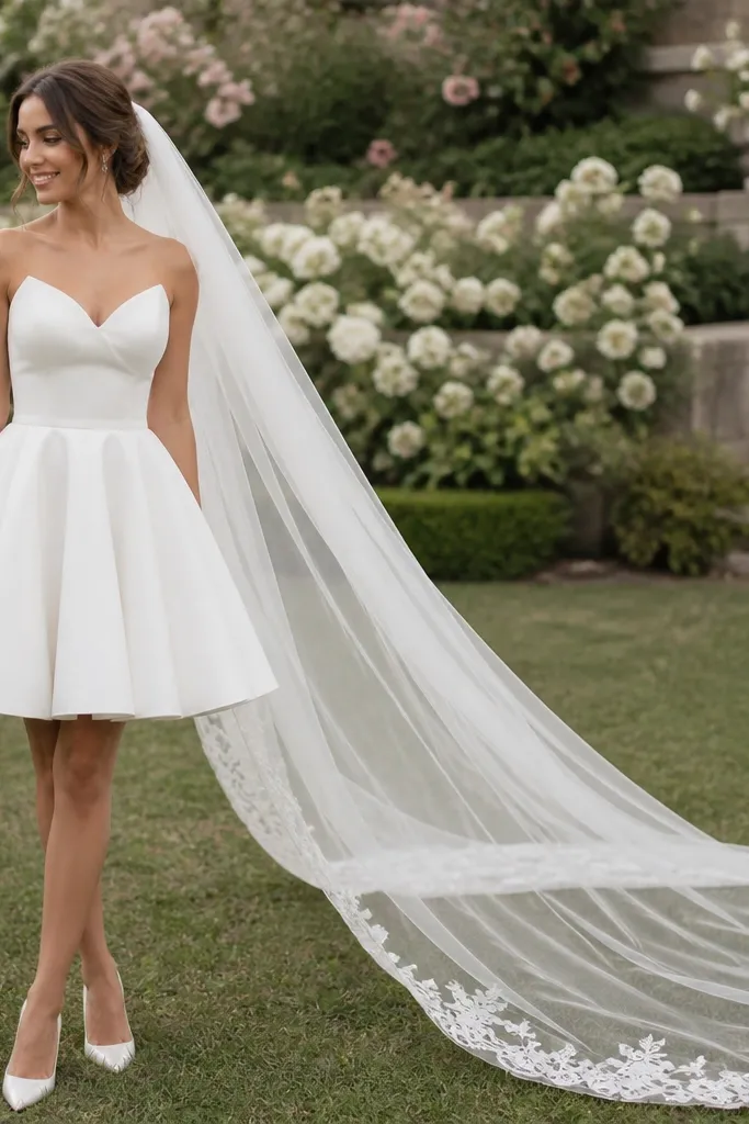 A fit-and-flare short wedding dress with a structured waist and a cathedral veil trailing behind, shown in an outdoor garden setting with soft natural lighting.