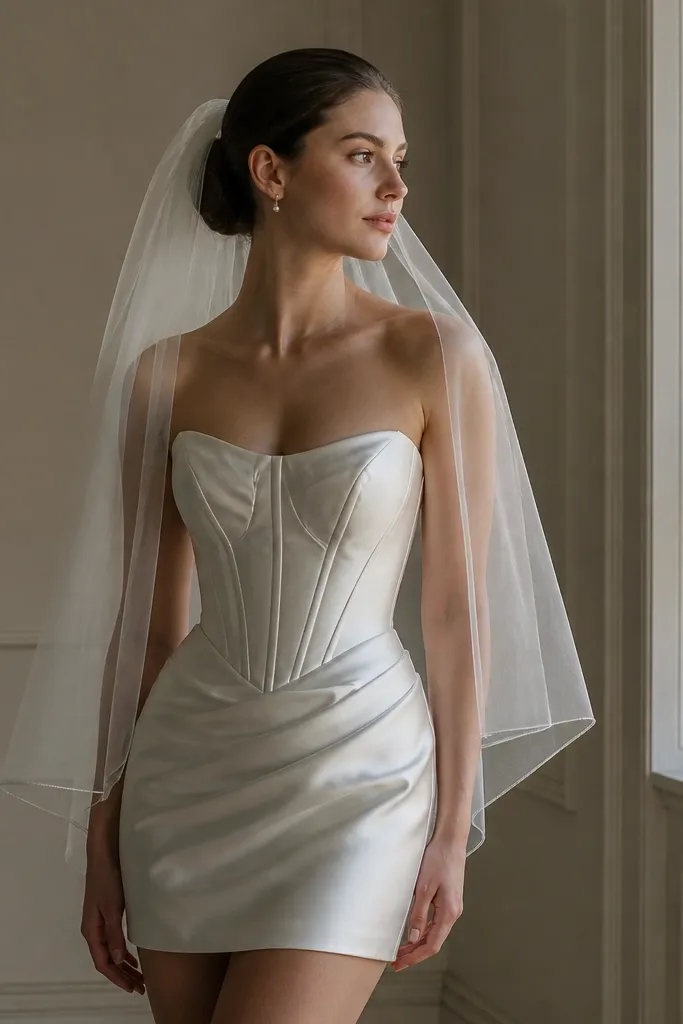 A satin corset-style short wedding dress with a structured bodice and a fingertip-length veil, styled with a clean bun and minimal earrings.