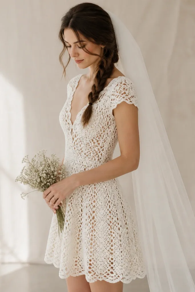 A crochet-textured short wedding dress in warm ivory with scalloped edges, paired with a thin soft tulle veil and a relaxed braid hairstyle.