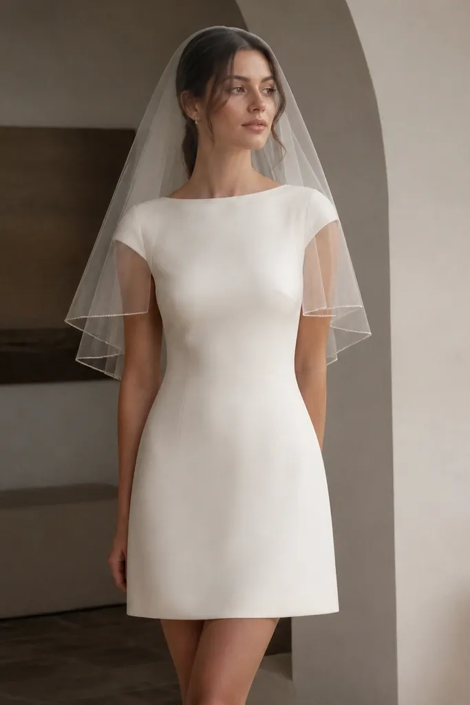 A minimal crepe short dress in smooth ivory with cap sleeves, paired with an illusion tulle blusher veil that slightly frames the face.