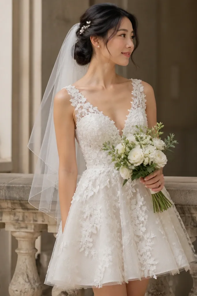 A short wedding dress with floral appliqué across the bodice and skirt, styled with a simple single-layer tulle veil and pearl hairpins.