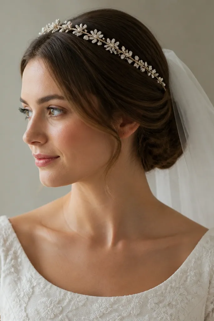 A short wedding dress with short sleeves, styled with a veil attached to a delicate headband and a low bun, shown from the shoulders up.