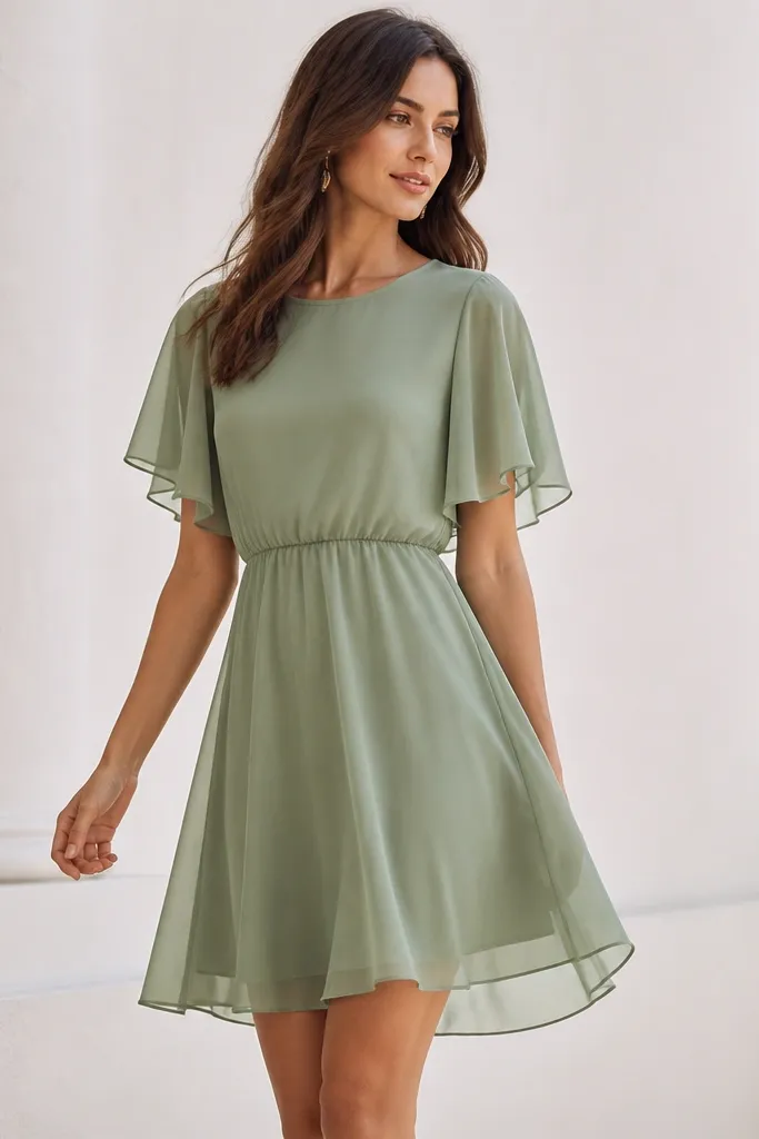 A short chiffon shift dress in airy sage green with flutter sleeves, a modest round neckline, and a soft, flowy skirt that hits just above the knee; sheer chiffon overlays a smooth lining.
