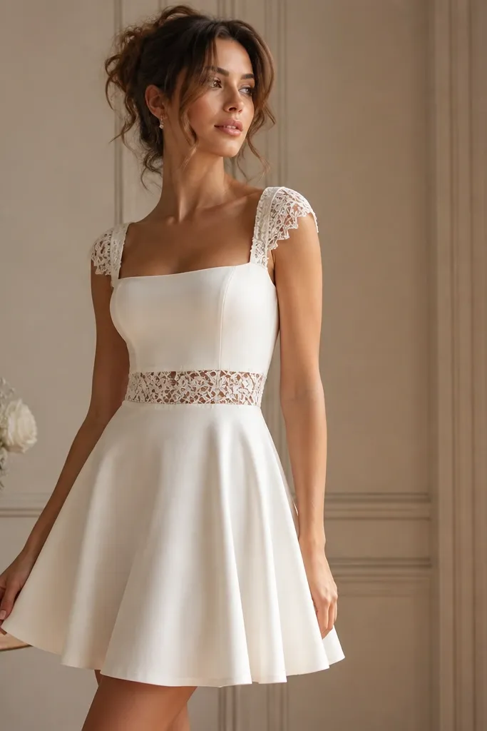 A fitted short dress in ivory with a fitted bodice and flared skirt, featuring lace trim along the waist and sleeves; the skirt falls around mid-thigh with a soft flare.