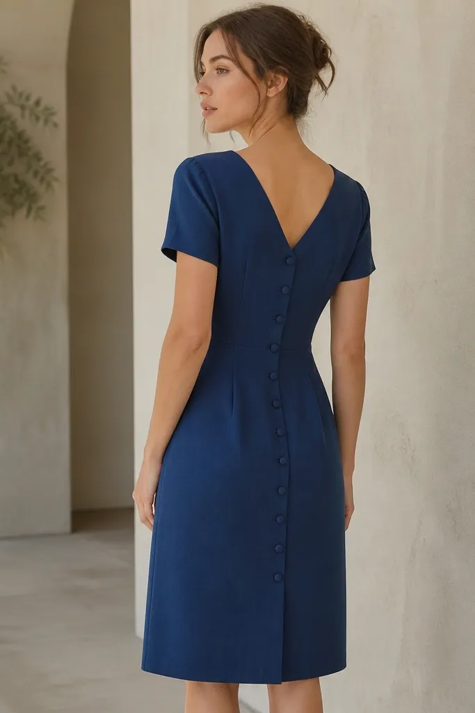 A short crepe dress in deep denim blue with a structured V-neck, short sleeves, and a vertical button-back detail; the hem falls to just below the knee.