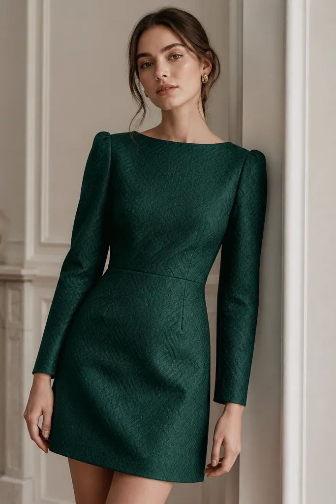 A short jacquard mini dress in deep emerald with subtle geometric patterning, long sleeves, and a structured waist seam; the hem hits just above the knee.