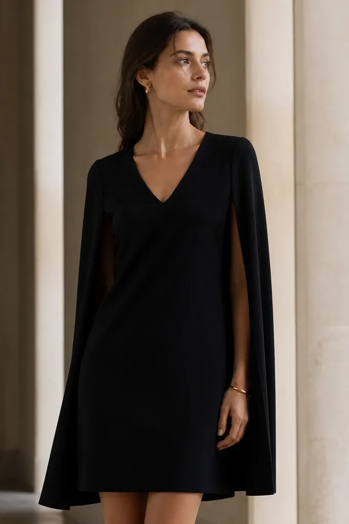 A short dress in black crepe with a cape-like drape over the shoulders and a simple V-neck; the hem falls to just above the knee.