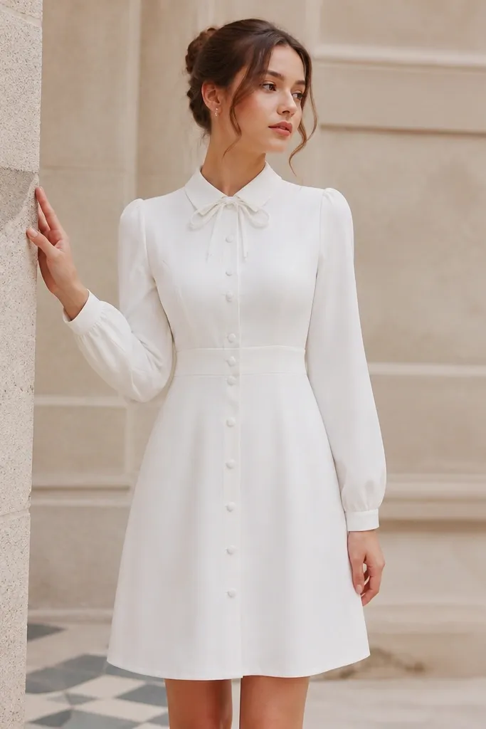 A short white button-up mini dress with a small bow at the collar, long sleeves, and a neat waist seam; the hem sits around the knee.