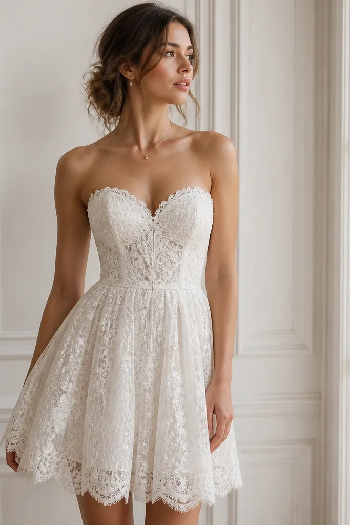 A short white lace babydoll wedding dress with a sweetheart neckline, scalloped lace trim, and a fitted bodice fading into a softly flared skirt; the hem lands above the knee.