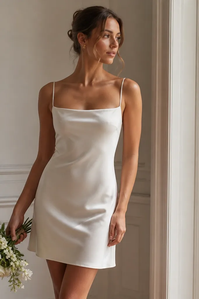 A short satin white slip wedding dress with a square neckline, thin straps, and clean minimal seams; the fabric drapes smoothly and catches light.