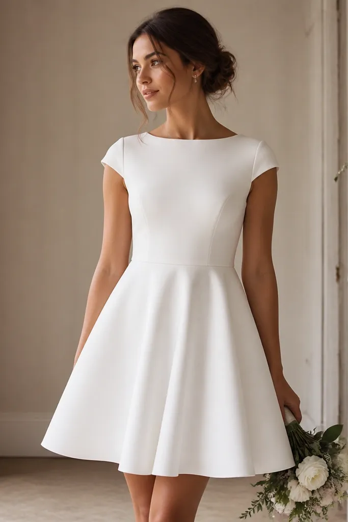 A short white crepe fit-and-flare wedding dress with cap sleeves, a defined waist seam, and a flared skirt; the fabric looks matte and smooth.